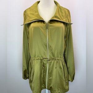 Marc New York Women Olive Green Satin Zip Up Cinched Waist Hooded Jacket Size 1X